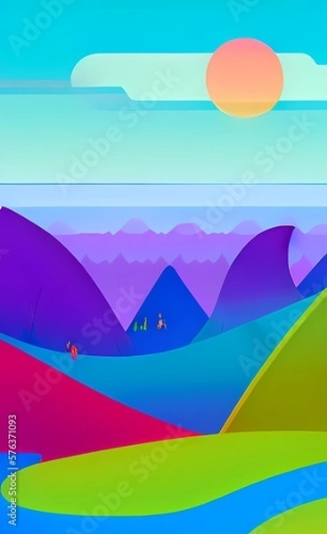 Fototapeta Spring break abstract background - landscape and sun. Multicolored background with bright colors for happiness, joy, and carelessness. AI-generated digital illustration, flat design.