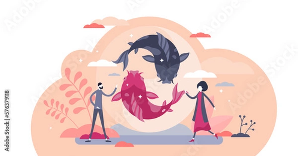 Fototapeta Koi fish illustration, transparent background. Asian culture element flat tiny persons concept. East spiritual wisdom philosophy symbol with swimming carps. Contrast peace and union tradition.
