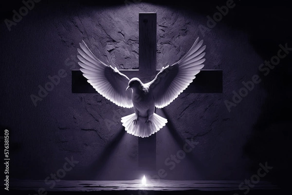 Fototapeta Pentecost Sunday. Pentecost background with flying dove and catholic cross in the background.