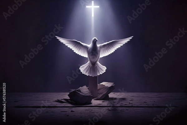 Fototapeta Pentecost Sunday. Pentecost background with flying dove and catholic cross in the background.
