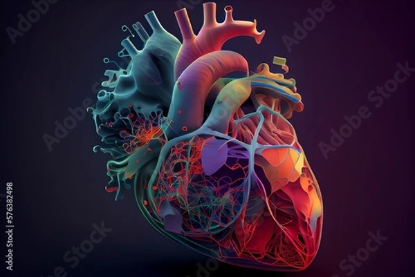 Obraz Real human heart in Mathematical Concepts-Visual Synesthesia style. Human heart creative art style of different colors, on a dark background