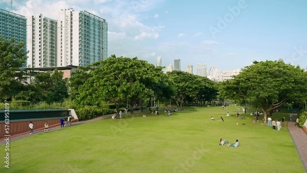 Obraz People relax on the green lawn in public green park with cityscape background