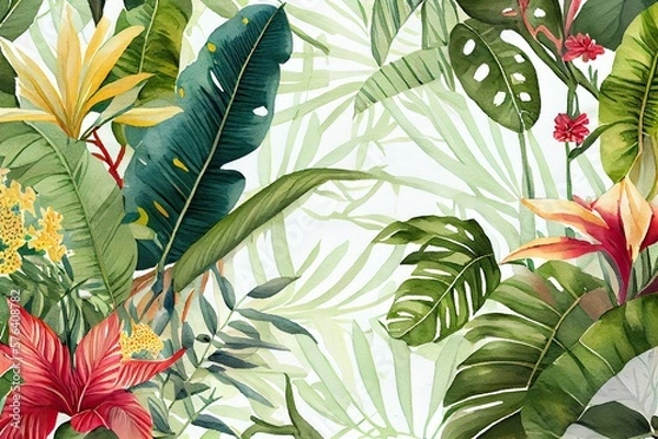 Fototapeta tropical vegetation and hibiscus flower patter ideal for exotic backgrounds, generative AI