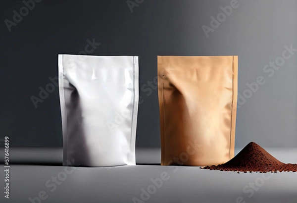 Fototapeta Craft paper pouch bag front and back view isolated on dark background. Packaging template mockup collection. AI Generated