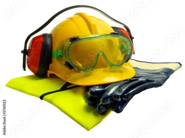 Obraz Various worker safety equipment or gear isolated on white