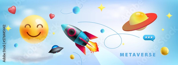 Fototapeta  Futuristic background cosmic space creative design. Realistic 3d cartoon style planets, rocket flying in sky, ufo. Abstract horizontal banner concept game metaverse.