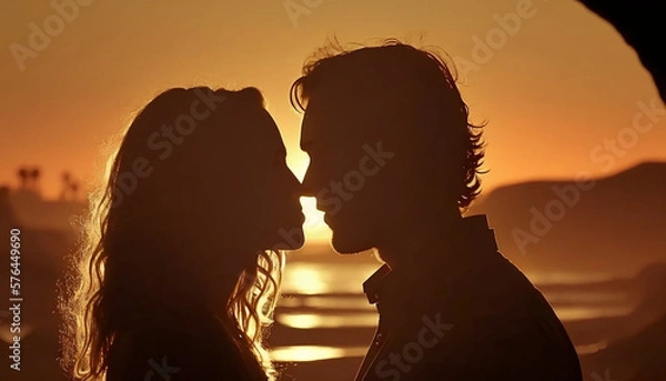 Obraz Romantic Silhouette of a Couple's Kiss on the Beach at Sunset, generative ai