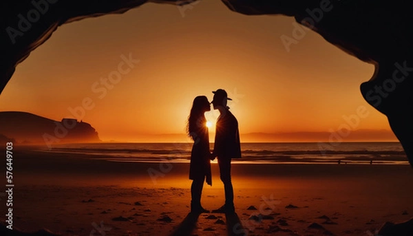 Obraz Romantic Silhouette of a Couple's Kiss on the Beach at Sunset, generative ai