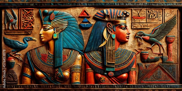 Fototapeta Hieroglyphic carvings on the walls of an Ancient Egyptian Temple. .AI generated Illustration.