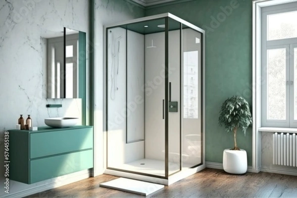 Obraz interior of a modern bathroom with shower cabin. bright sun light from windows, generative ai. Epic old luxury, tall ceilings timeless architecture style, 3D rendered room