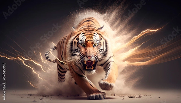 Obraz Fierce tiger with sharp teeth running visualized with energy and lightning on a dark background