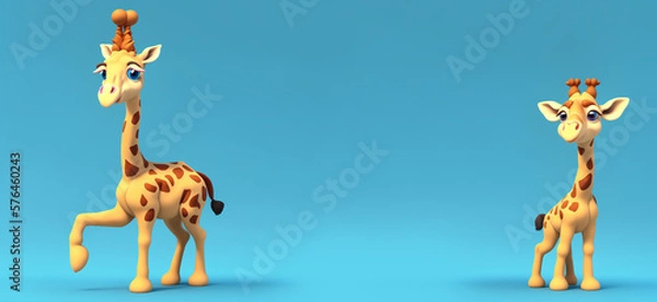 Fototapeta Two Giraffe portrait on a blue background, Generative AI illustration