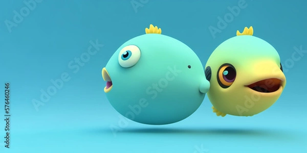 Fototapeta Two Pufferfish portrait on a blue background, Generative AI illustration