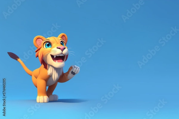 Fototapeta Young lion pointing on a blue background, Generative AI illustration
