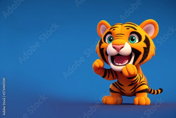 Fototapeta Tiger portrait excited on a blue background, Generative AI illustration