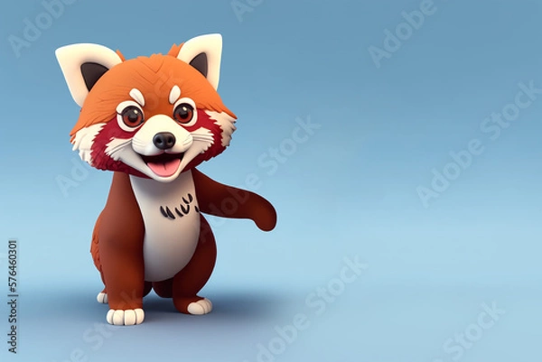 Fototapeta Red Panda portrait pointing on a blue background, Generative AI illustration