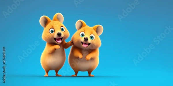 Fototapeta Two Quokka portrait on a blue background, Generative AI illustration