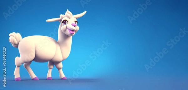 Fototapeta Llama portrait on a plain blue background, Generative AI illustration