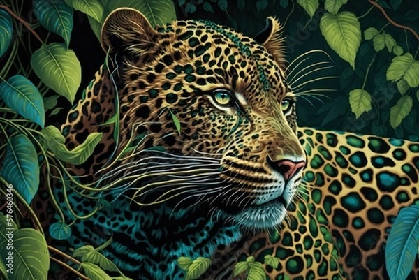 Obraz Jungle Leopard Jaguar Colorful Animal Tropical Wildlife Background Generative AI