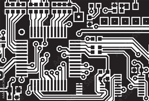 Fototapeta Tracing the conductors of a multilayer 
printed circuit board. Drawing of 
printed tracks, transition holes, contact 
pads and metallization areas. 
Electronic circuit board with components