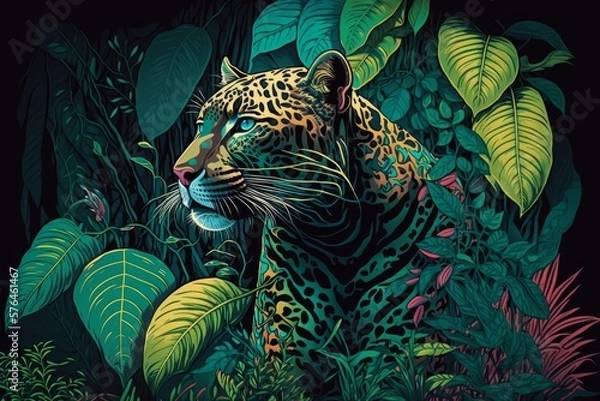 Obraz Jungle Leopard Jaguar Colorful Animal Tropical Wildlife Background Generative AI
