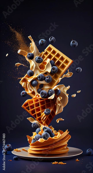 Fototapeta Flying Viennese Waffles with Blueberries and Syrup on a dark purple background. Illustration. Generative AI.