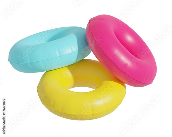 Fototapeta Inflatable swim tubes in isolated background, 3d rendering. Swimming rings in bright colours, concept of summer, holidays and sea vacation