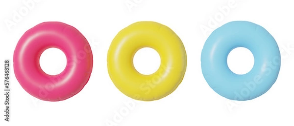 Fototapeta Inflatable swim tubes in isolated background, 3d rendering. Swimming rings in bright colours, concept of summer, holidays and sea vacation