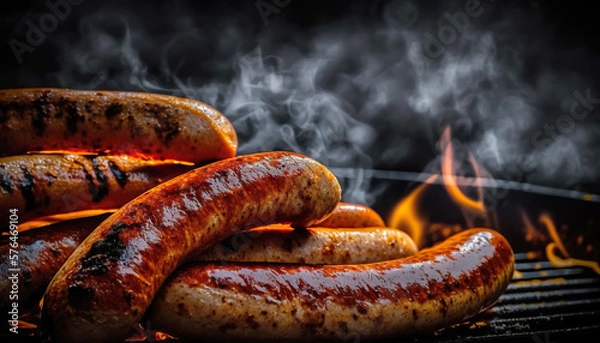 Fototapeta Tasty grilled bbq sausages close up shot. Generative Ai