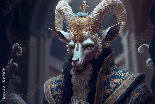 Fototapeta Fantasy Goat, Portrait, Inside of a Castle, anthro, Decorative- Generative AI