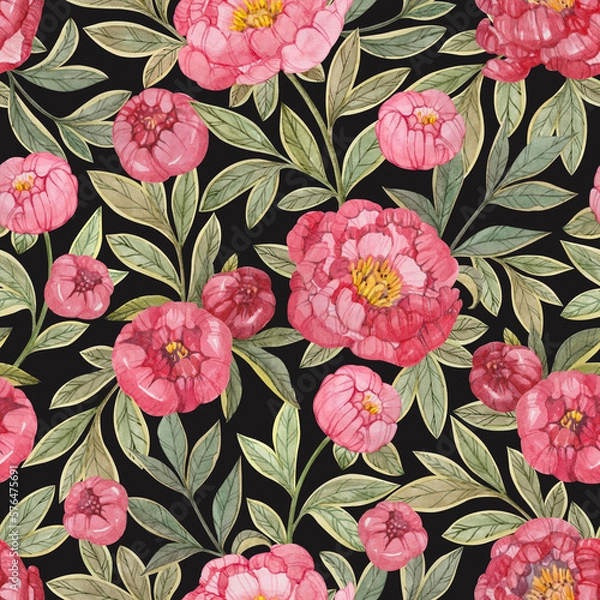 Obraz Seamless floral pattern with red and pink peonies and green leaves painted in watercolor on a black background. Elegant floral print for textiles, wrapping paper, wallpaper and more.