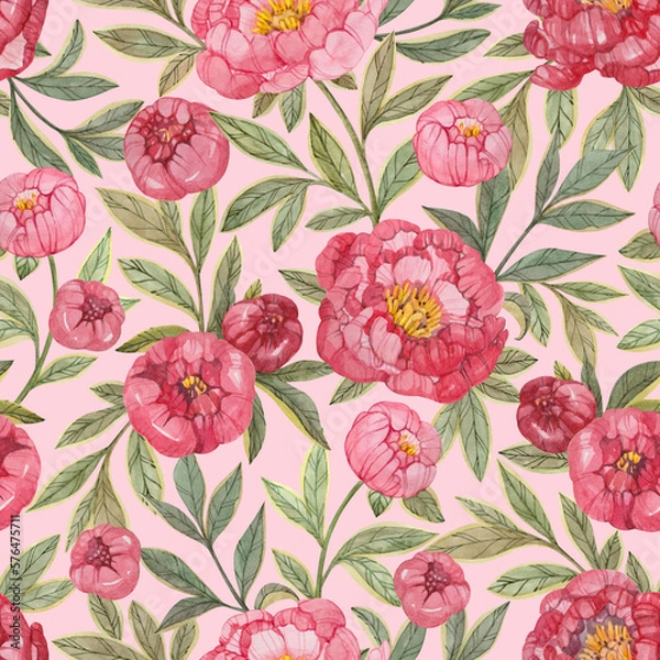 Obraz Seamless floral pattern with red and pink peonies and green leaves painted in watercolor on a light pink background. Elegant floral print for textiles, wrapping paper, wallpaper and more.