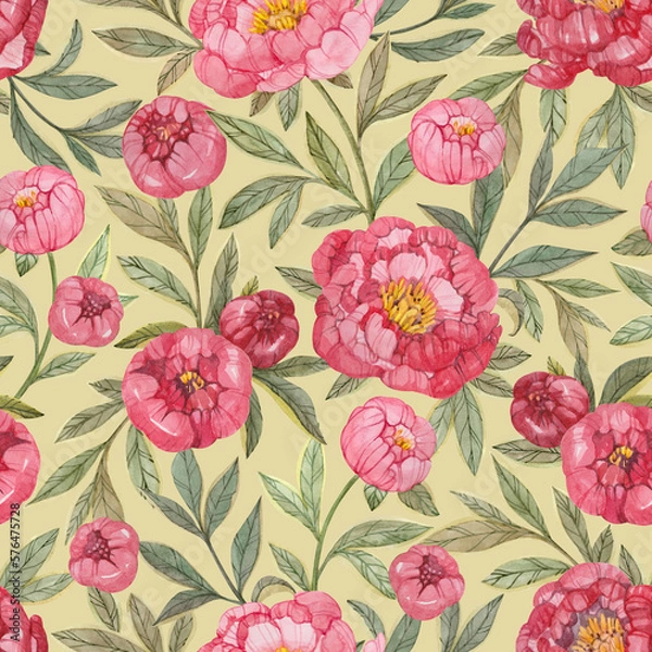 Fototapeta Seamless floral pattern with red and pink peonies and green leaves painted in watercolor on a light green background. Elegant floral print for textiles, wrapping paper, wallpaper and more.