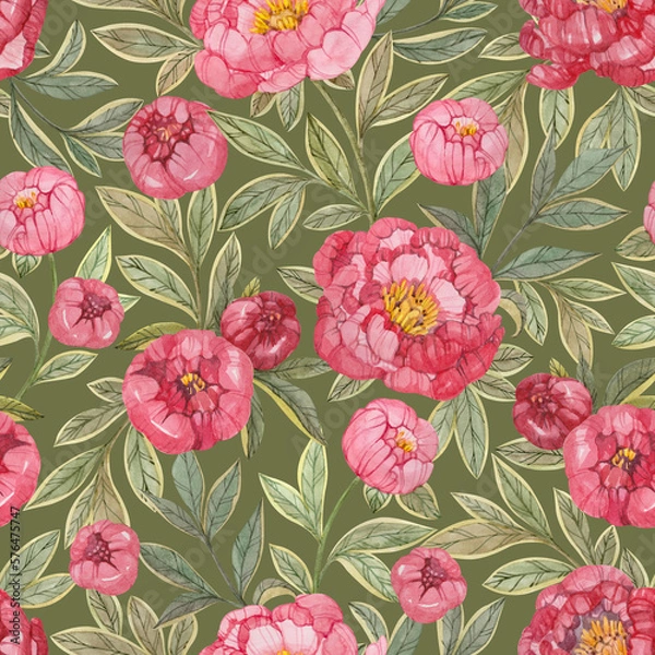 Fototapeta Seamless floral pattern with red and pink peonies and green leaves painted in watercolor on a dark green background. Elegant floral print for textiles, wrapping paper, wallpaper and more.