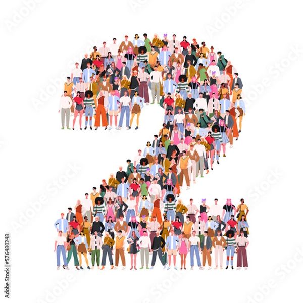 Fototapeta Large group of people in number 2 two form. Numbers made of people. A crowd of male and female characters. Flat vector illustration isolated on white background.