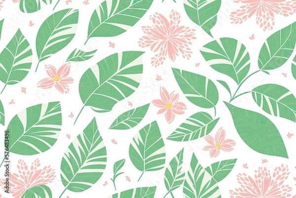 Fototapeta Gardenias with green leaves background. Seamless flat painting. Beautiful tribal generative ai art background