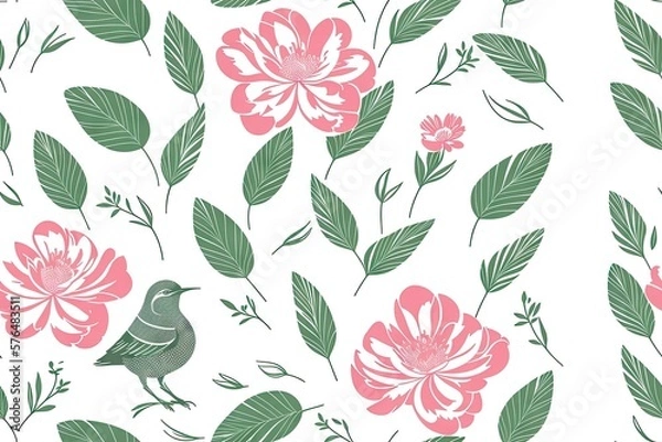 Fototapeta Gardenias with green leaves background. Seamless flat painting. Beautiful tribal generative ai art background