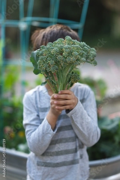 Obraz Young boy holding up broccoli 