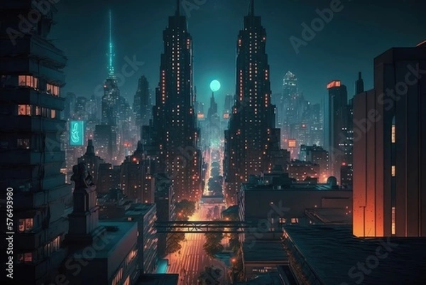 Fototapeta Illustration of a Cyberpunk metropolis futuristic mega city at Night with Skyscrapers. Concept for night life, colorful background with bright and glowing lights. modern buildings, Generative AI