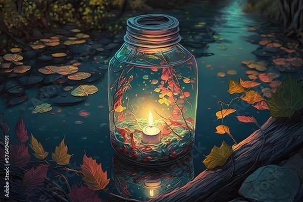 Fototapeta Illustration of a beautiful floating candle lantern lamp on the water at night, It is also known as a river lamp or lake lamp , lantern floating, Memorial Day. Generative AI