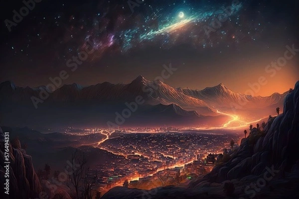 Fototapeta Illustration of The high angle background of the dense light city at Night in top of hills, Concept for aerial view of night life , colorful background bright and lights, Generative AI