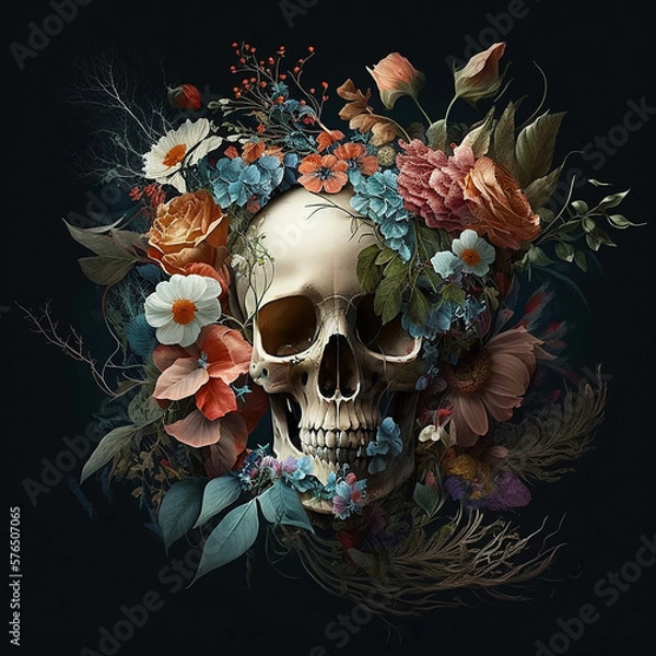 Obraz Skulls with Flowers, made with Generative AI