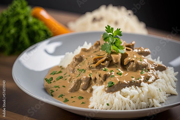 Obraz A dish of stroganoff is served in a restaurant, with a portion of white rice.