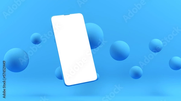 Obraz Blue cell phone mockup floating for applications and websites. Blue background and floating balls.