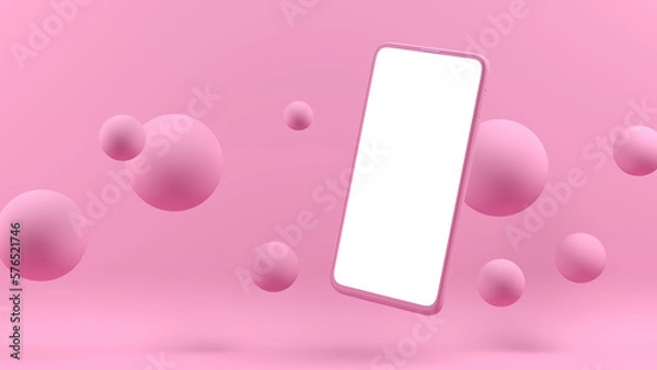 Obraz Pink cell phone mockup floating for applications and websites. Pink background and floating balls.