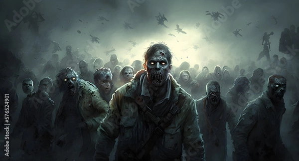 Obraz A zombie horde in the destroyed ruins of a city after a zombie apocalypse outbreak, generated by ai