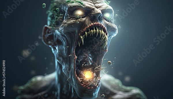 Obraz A man infected with a zombie fungus or virus, going insane by the infection on a zombie apocalypse, generated by ai