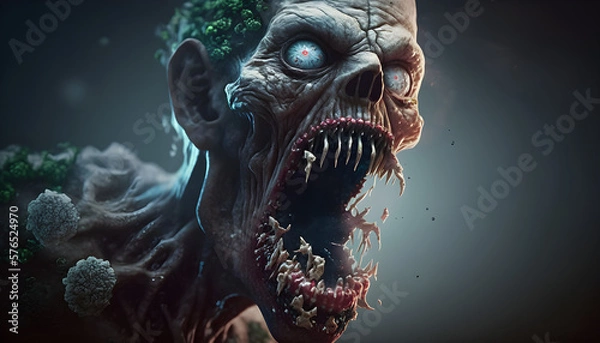 Obraz A man infected with a zombie fungus or virus, going insane by the infection on a zombie apocalypse, generated by ai