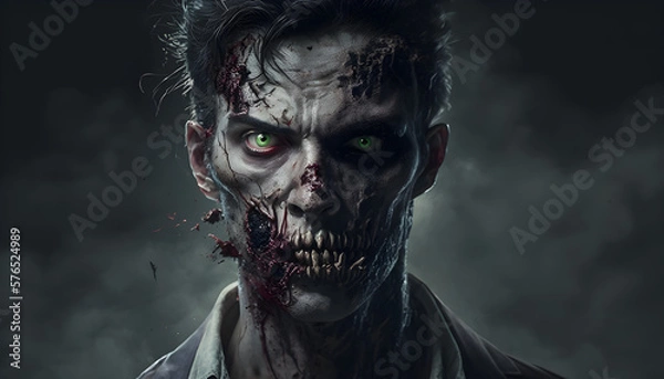 Obraz A man infected with a zombie fungus or virus, going insane by the infection on a zombie apocalypse, generated by ai
