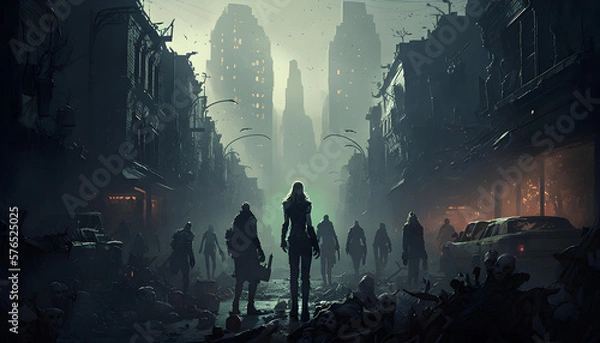 Obraz A zombie horde in the destroyed ruins of a city after a zombie apocalypse outbreak, generated by ai